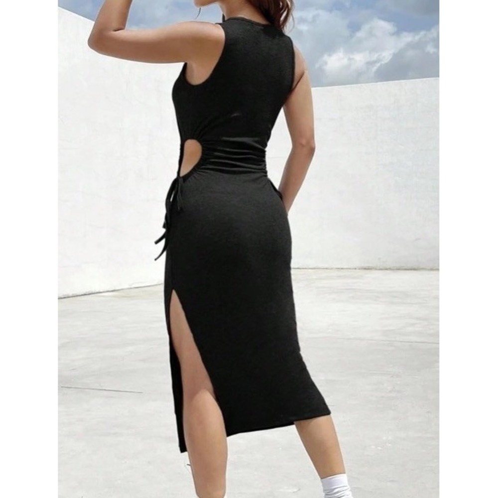 Unbranded Slit Dress Women Medium Black Like New Cut Out Drawstring C844